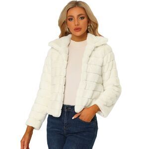 Faux Fur Fluffy Coat Collar Warm Winter Outwear Cropped Jacket White